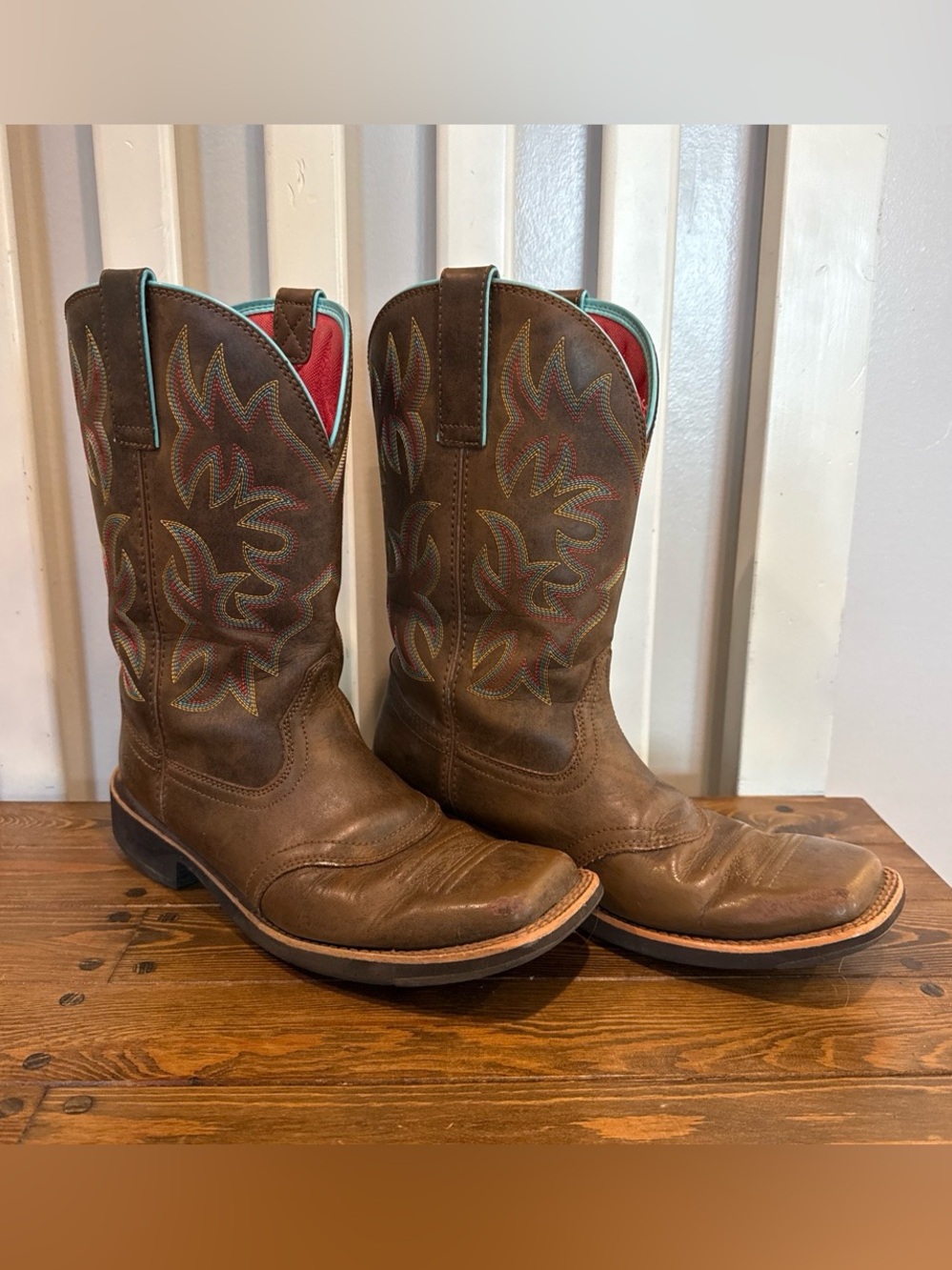 Ariat Brown Leather Western Boots with Multicolor Stitching and Turquoise Trim